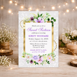 Purple and Cream Summer Flowers Gold Foil Sweet 16 Invitation