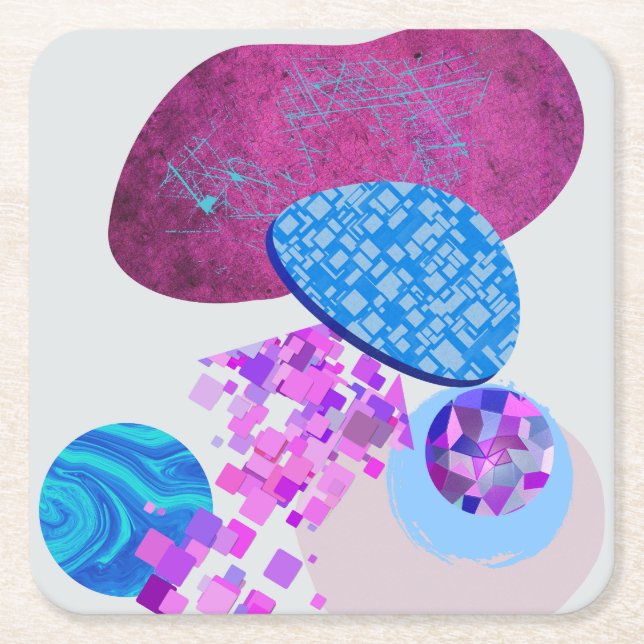 Purple And Cyan Modern Shapes Square Paper Coaster (Front)