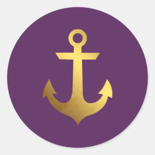 Purple and Faux Gold Foil Anchor Classic Round Sticker