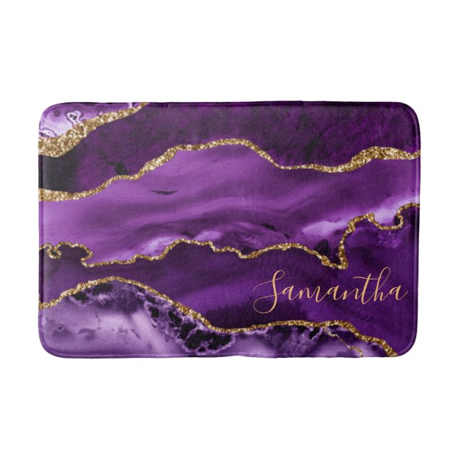 Purple and Faux Gold Glitter Marble Agate Bath Mat (Front)