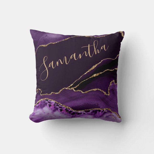Purple and Faux Gold Glitter Marble Agate Cushion (Front)