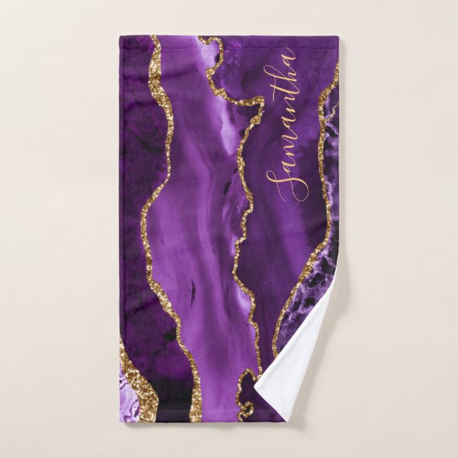 Purple and Faux Gold Glitter Marble Agate Hand Towel (Hand Towel)