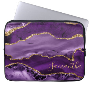 Purple and Faux Gold Glitter Marble Agate Laptop Sleeve