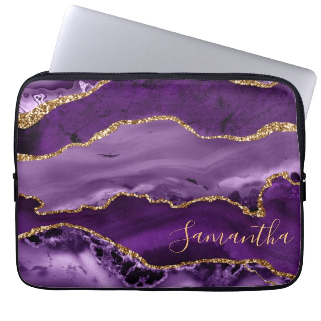 Purple and Faux Gold Glitter Marble Agate Laptop Sleeve (Front)