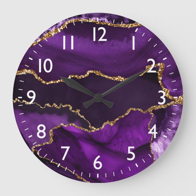 Purple and Faux Gold Glitter Marble Agate Large Clock (Front)