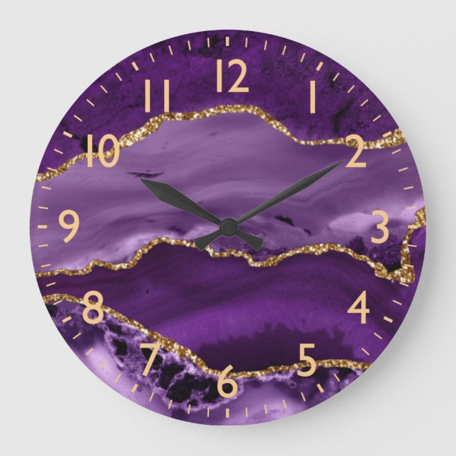 Purple and Faux Gold Glitter Marble Agate Large Clock (Front)