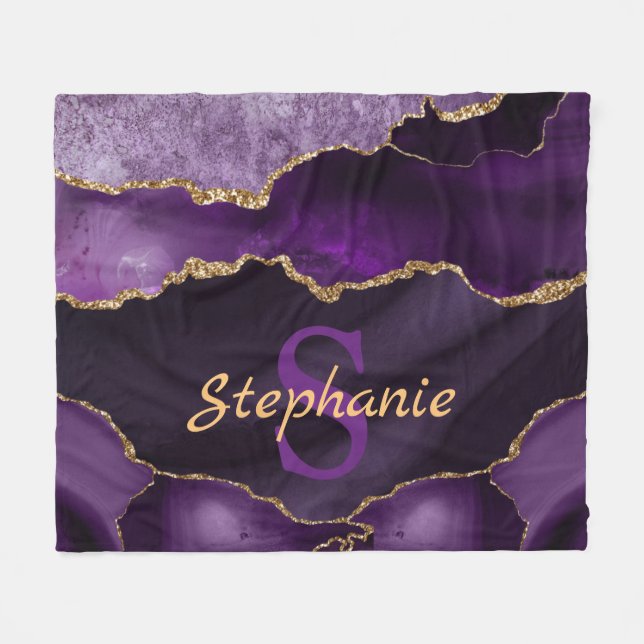 Purple and Faux Gold Glitter Marble Agate Monogram Fleece Blanket (Front (Horizontal))