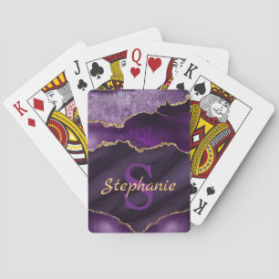 Purple and Faux Gold Glitter Marble Agate Monogram Playing Cards