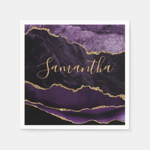 Purple and Faux Gold Glitter Marble Agate Napkin