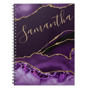 Purple and Faux Gold Glitter Marble Agate Notebook