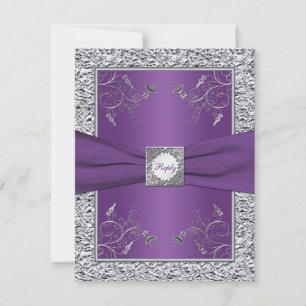 Purple and FAUX Silver Foil Floral RSVP Card