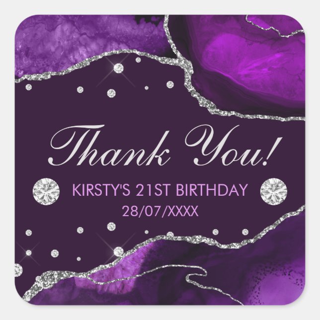 Purple and Faux Silver Glitter Agate Birthday Square Sticker (Front)