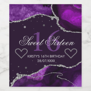 Purple and Faux Silver Glitter Agate Sweet 16 Wine Label