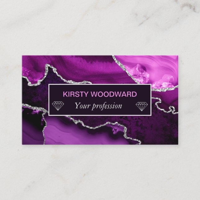Purple and Faux Silver Glitter Marble Agate Business Card (Front)