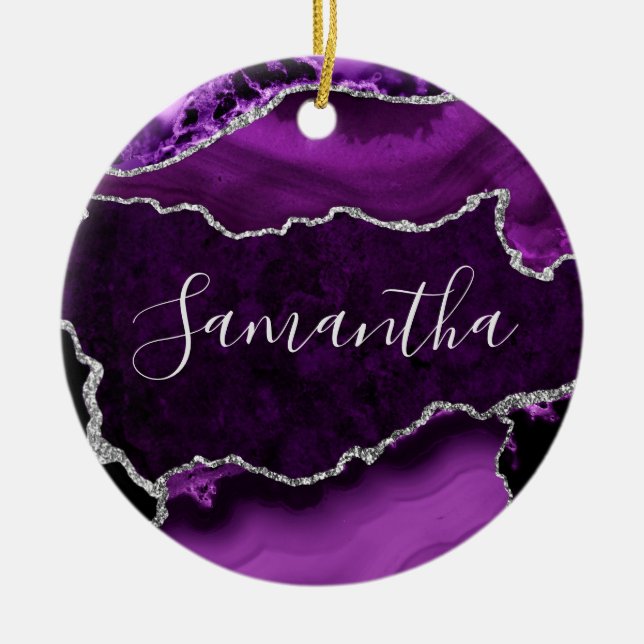 Purple and Faux Silver Glitter Marble Agate Ceramic Ornament (Front)