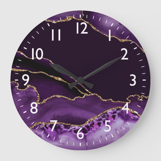 Purple and Faux Silver Glitter Marble Agate Large Clock (Front)