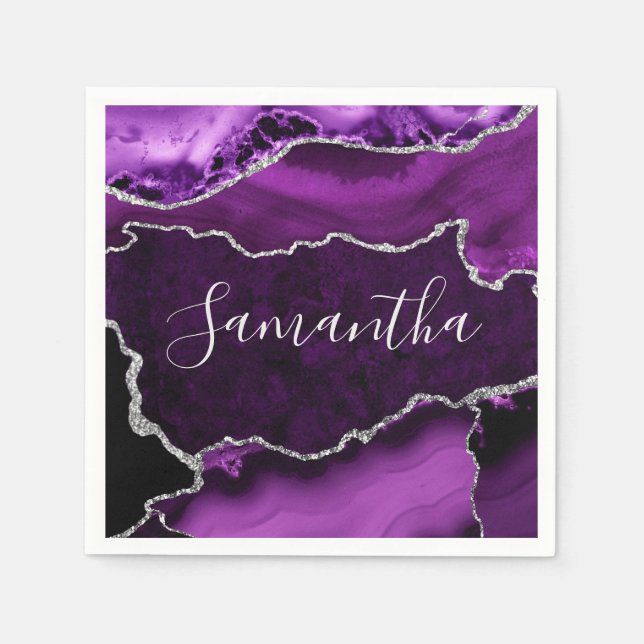 Purple and Faux Silver Glitter Marble Agate Napkin (Front)