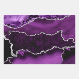 Purple and Faux Silver Glitter Marble Agate Wrapping Paper Sheet