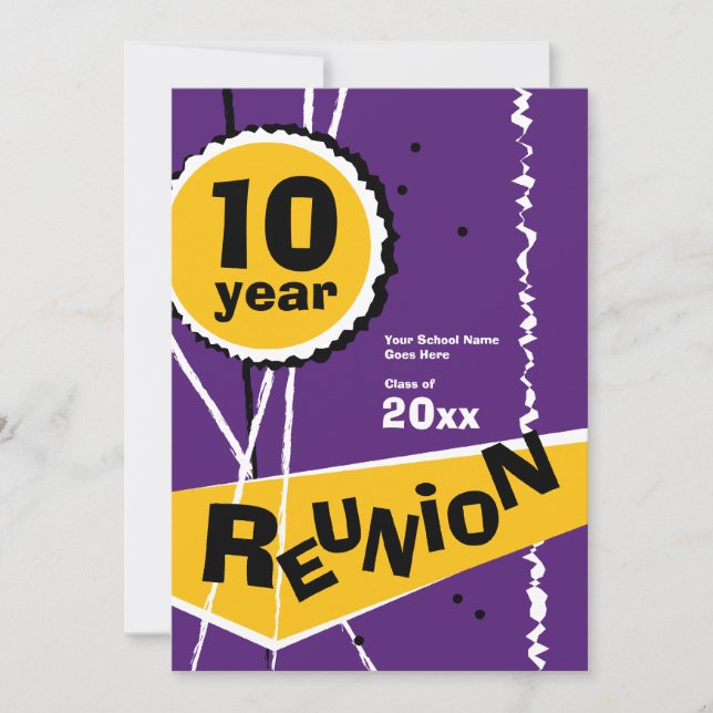 Purple and Gold 10 Year Class Reunion Invitation (Front)