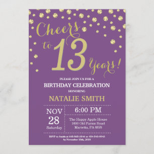Purple and Gold 13th Birthday Diamond Invitation