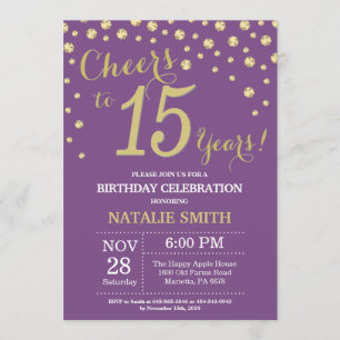 Purple and Gold 15th Birthday Diamond Invitation