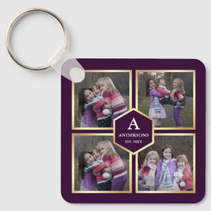 Purple and Gold 4 Pictures Family Photo Collage Key Ring