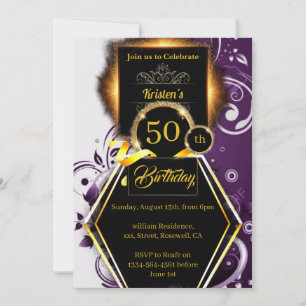 Purple and Gold 50th birthday Invitation