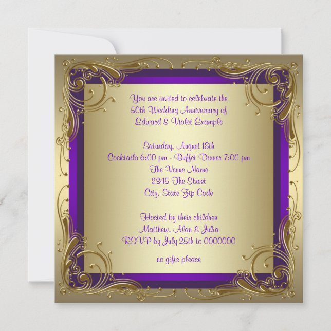 Purple and Gold 50th Wedding Anniversary Party Invitation (Front)
