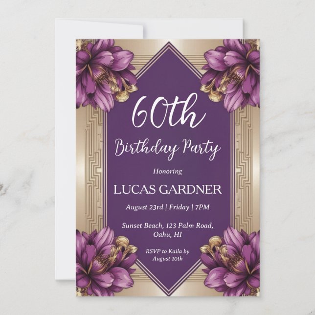 purple and gold 60th birthday invitations (Front)