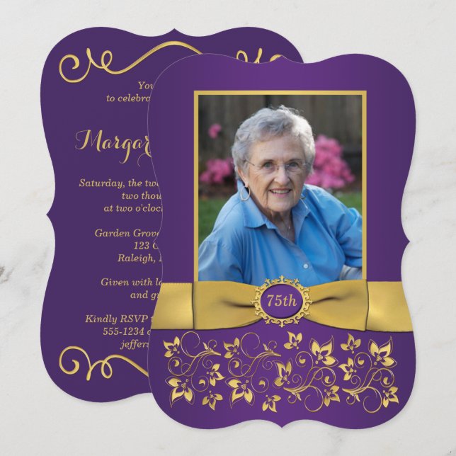 Purple and Gold 75th Photo Birthday Invitation (Front/Back)