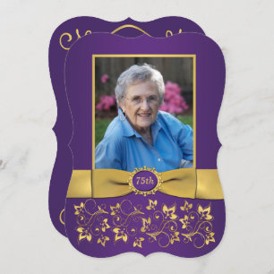 Purple and Gold 75th Photo Birthday Invitation
