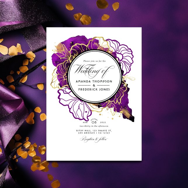 Purple and Gold Abstract Floral QR Code Wedding Invitation (Creator Uploaded)