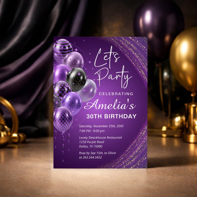 Purple and Gold Adult Birthday Party Invitation (Creator Uploaded)