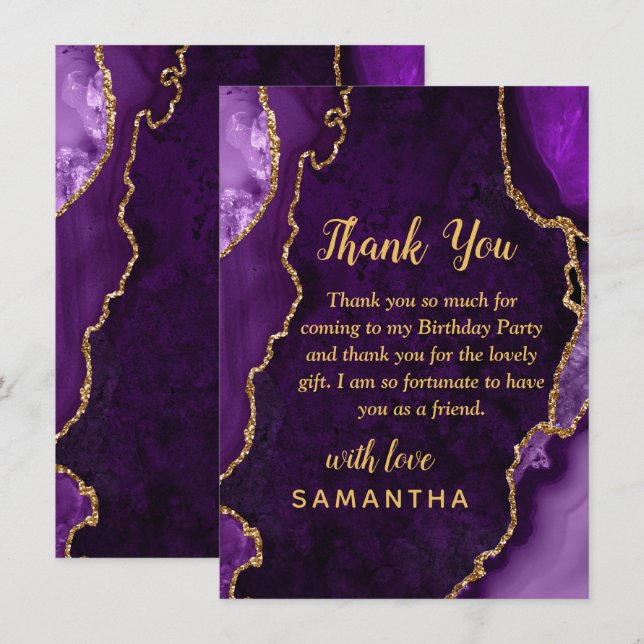 Purple and Gold Agate Birthday Party Thank You Card (Front/Back)