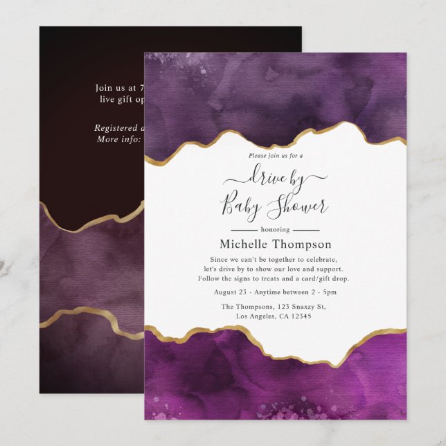 Purple and Gold Agate Drive By Shower Invitation (Front/Back)