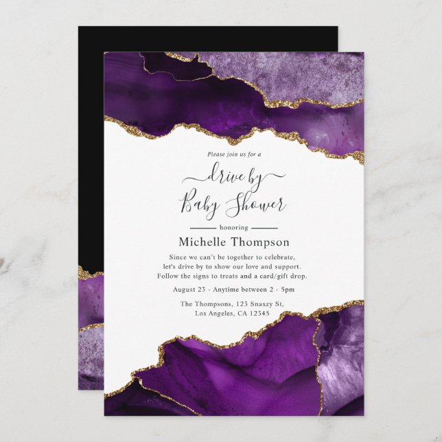 Purple and Gold Agate Drive By Shower Invitation (Front/Back)