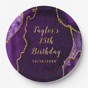 Purple and Gold Agate Marble Birthday Paper Plate