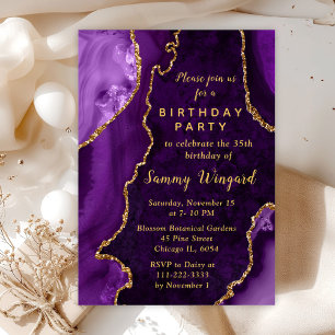 Purple and Gold Agate Marble Birthday Party Invitation