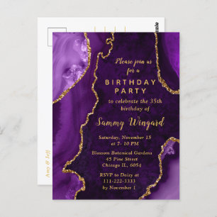 Purple and Gold Agate Marble Birthday Party Postcard