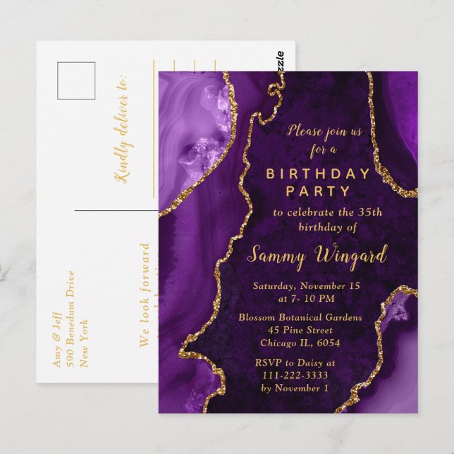 Purple and Gold Agate Marble Birthday Party Postcard (Front/Back)