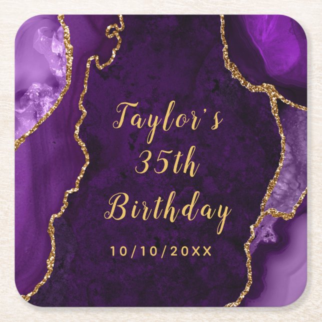 Purple and Gold Agate Marble Birthday Square Paper Coaster (Front)