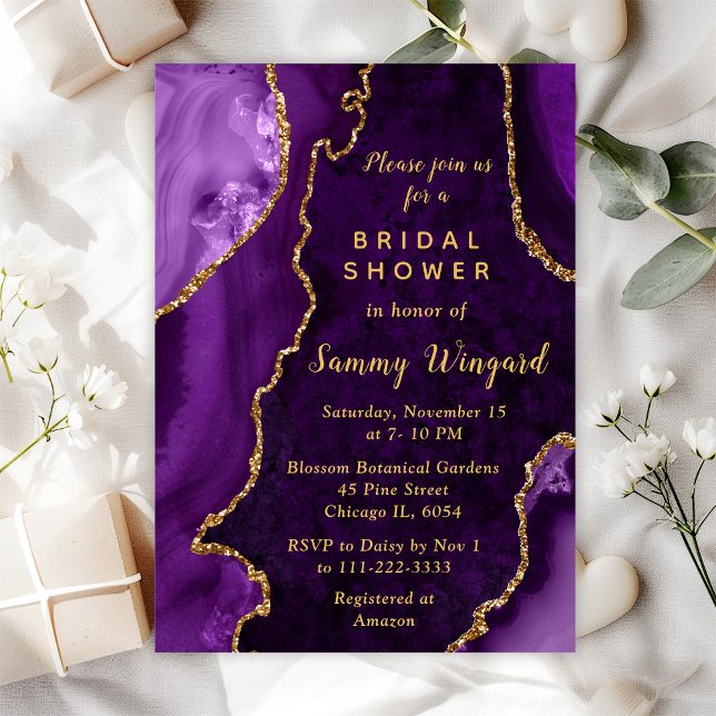 Purple and Gold Agate Marble Bridal Shower Invitation (Creator Uploaded)
