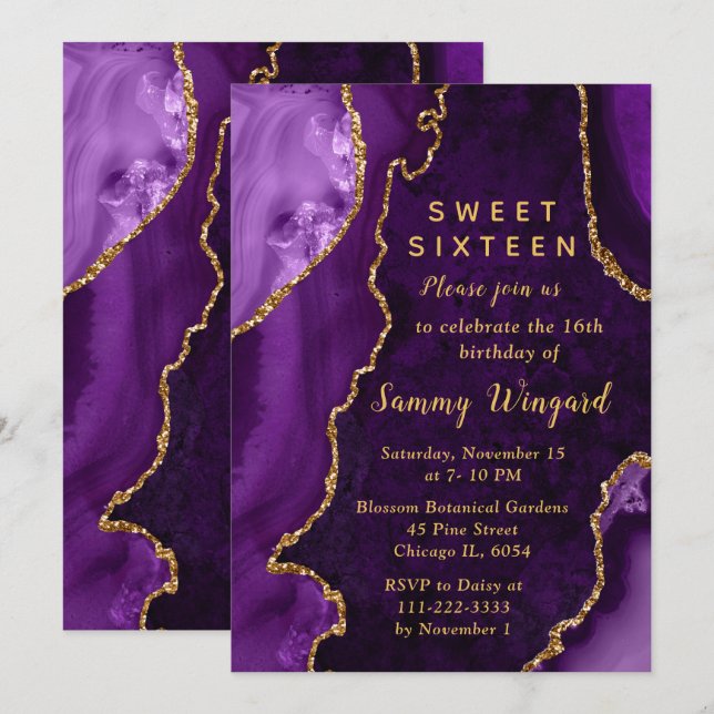 Purple and Gold Agate Marble Sweet Sixteen Invitation (Front/Back)