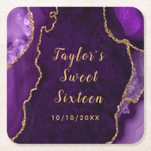 Purple and Gold Agate Marble Sweet Sixteen Square Paper Coaster