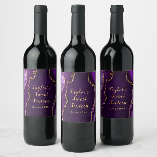 Purple and Gold Agate Marble Sweet Sixteen Wine Label (Bottles)