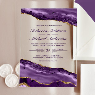 Purple and Gold Agate Marble Wedding Acrylic Invitations
