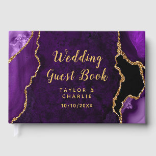 Purple and Gold Agate Marble Wedding Guest Book