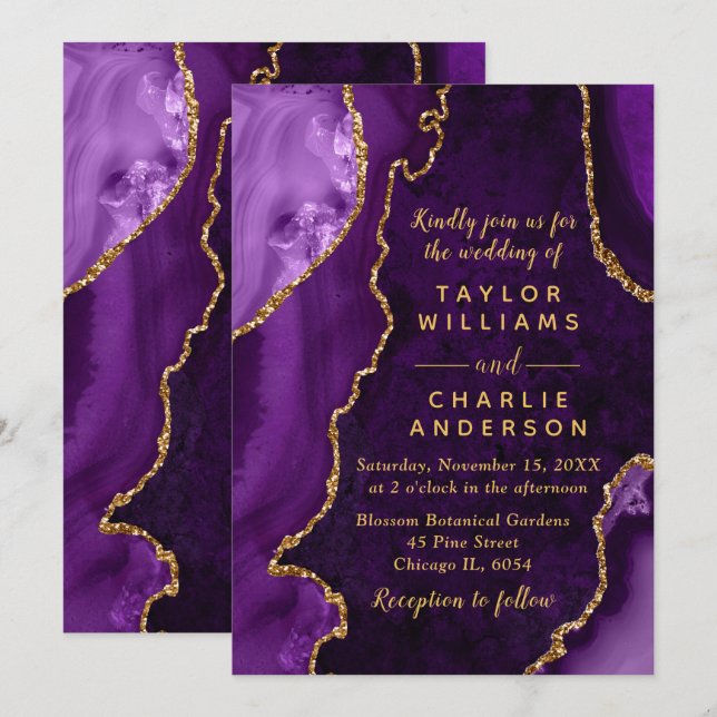 Purple and Gold Agate Marble Wedding Invitation (Front/Back)
