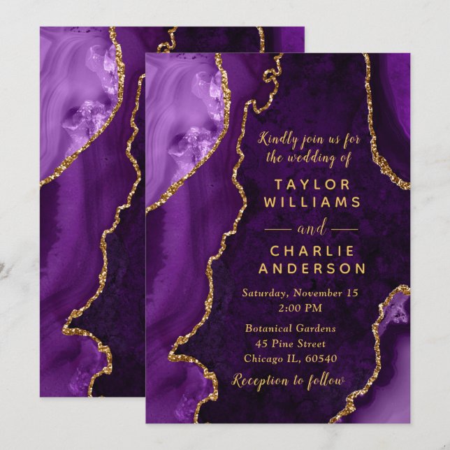 Purple and Gold Agate Marble Wedding Invitation (Front/Back)