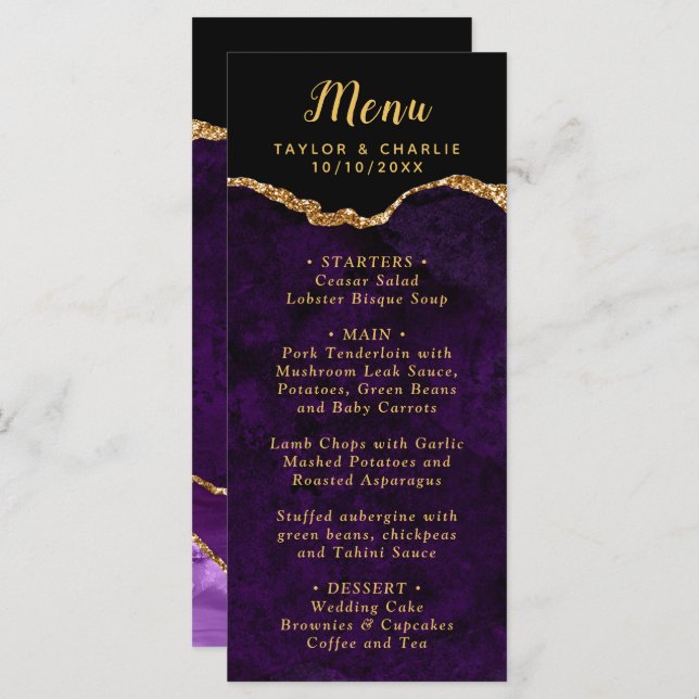 Purple and Gold Agate Marble Wedding Menu (Front/Back)